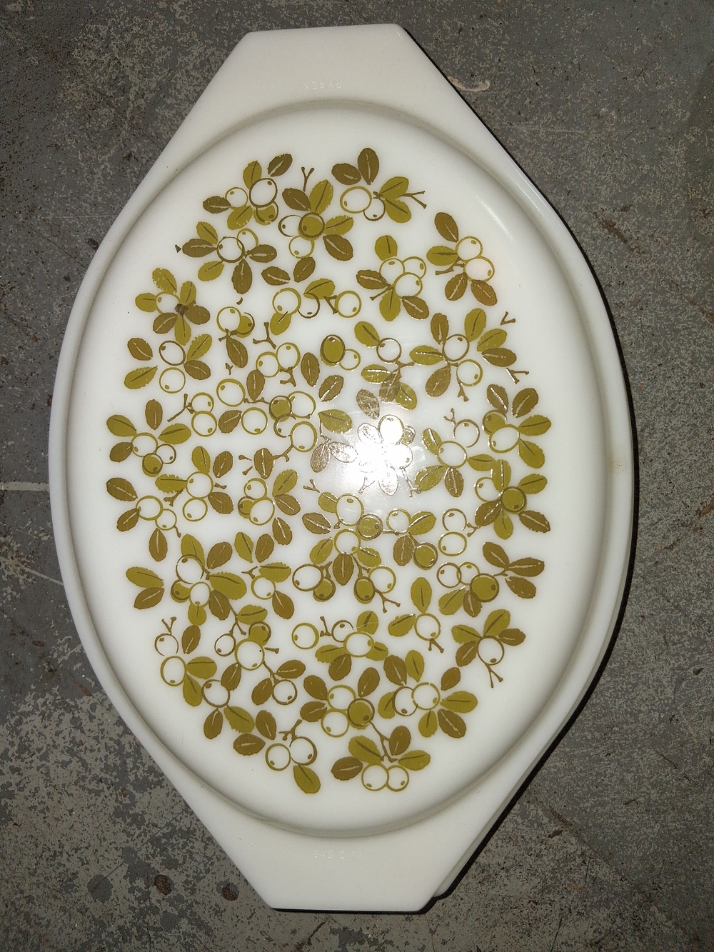 Pyrex White Oval Covered Casserole with Olive Green Berry Pattern
